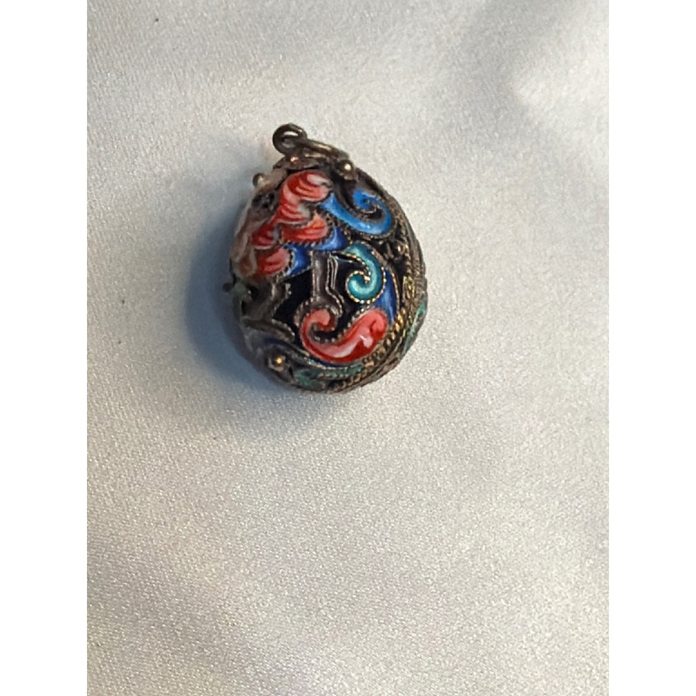 Vintage Russian Cloisonne Enamel Egg Pendant Filigree Silver Tone Charm Red Blue